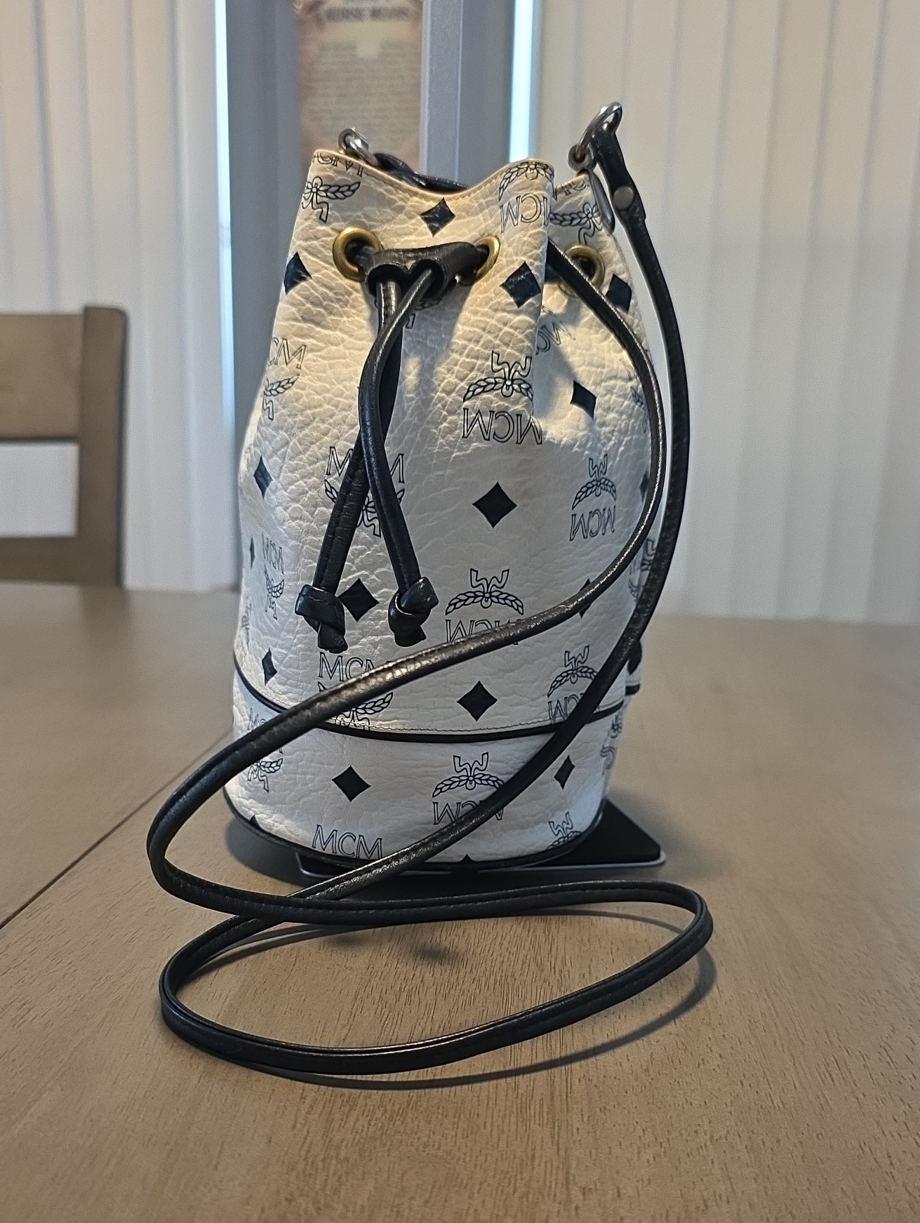 Mcm Mini Visetos Drawstring Bucket Bag With Black Strap